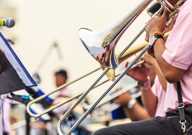 brass trombone plays music at the portland jazz festival